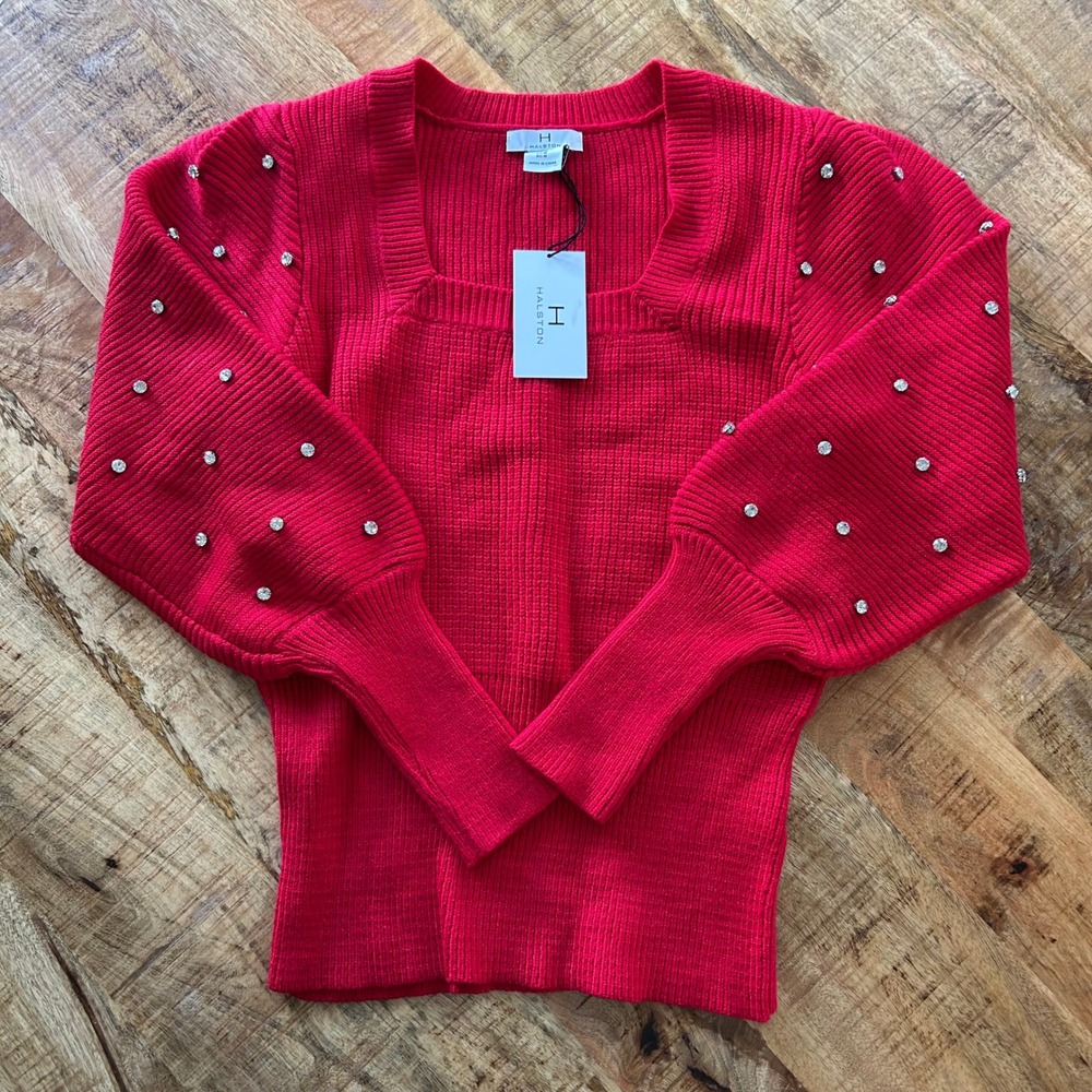 Halston H Red Ribbed Square Neck Rhinestone Puff Sleeve Sweater NWT Size M